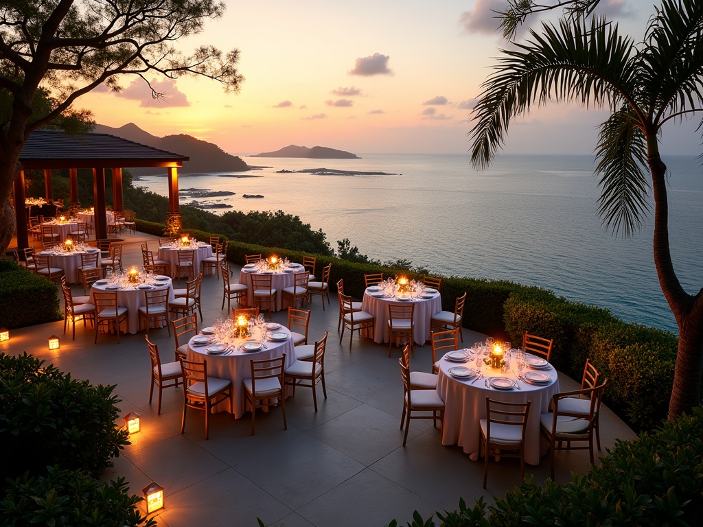 Jimbaran cliff-top terrace set with banquet tables for an evening gala event