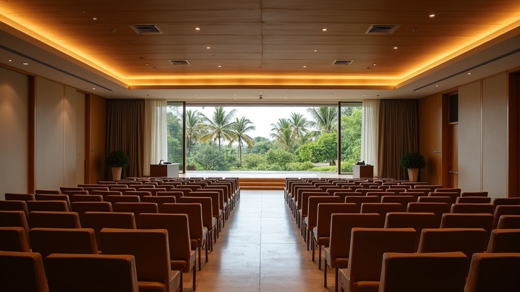Empty Nusa Dua convention ballroom arranged in theatre seating for a corporate conference